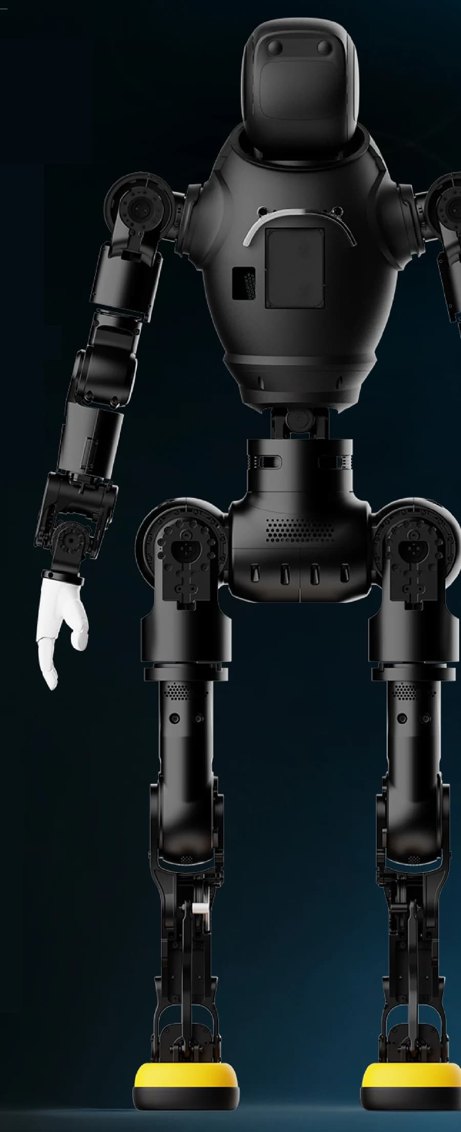 AgiBot X2 EDU negru, din față, cu o mână albă la brațul drept