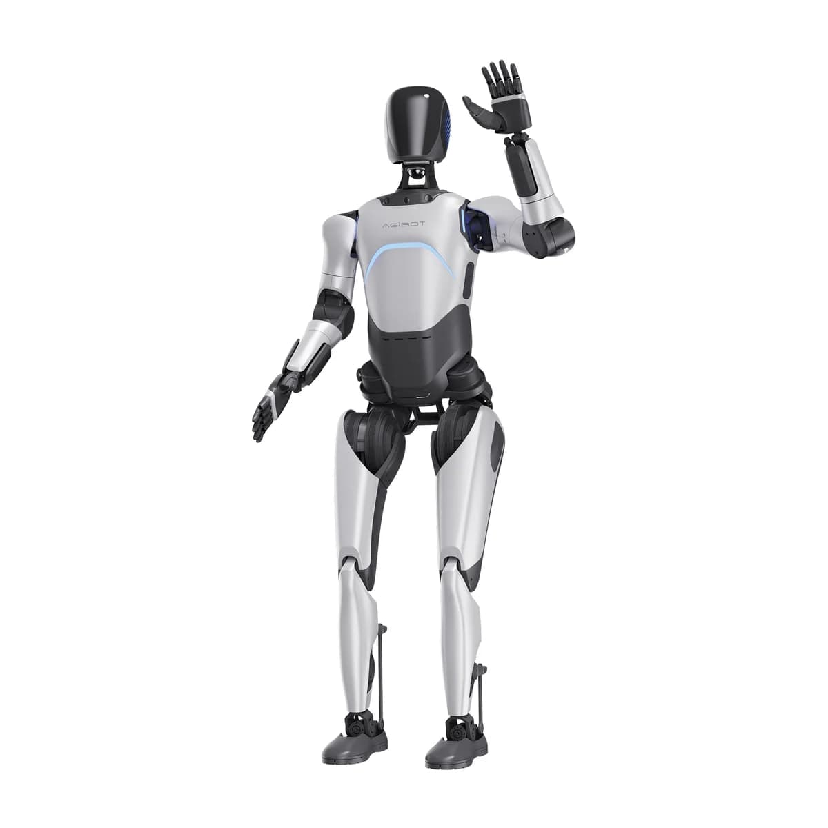 AgiBot A2 Ultra face cu mâna, pe fundal gri